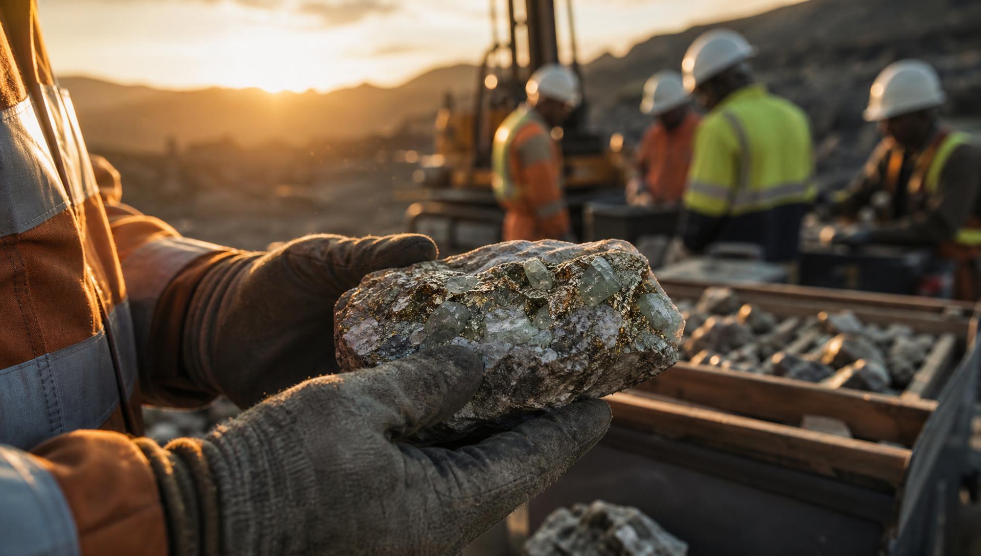 Mining professional examining a gold and lithium rock sample at a Nigerian exploration site
