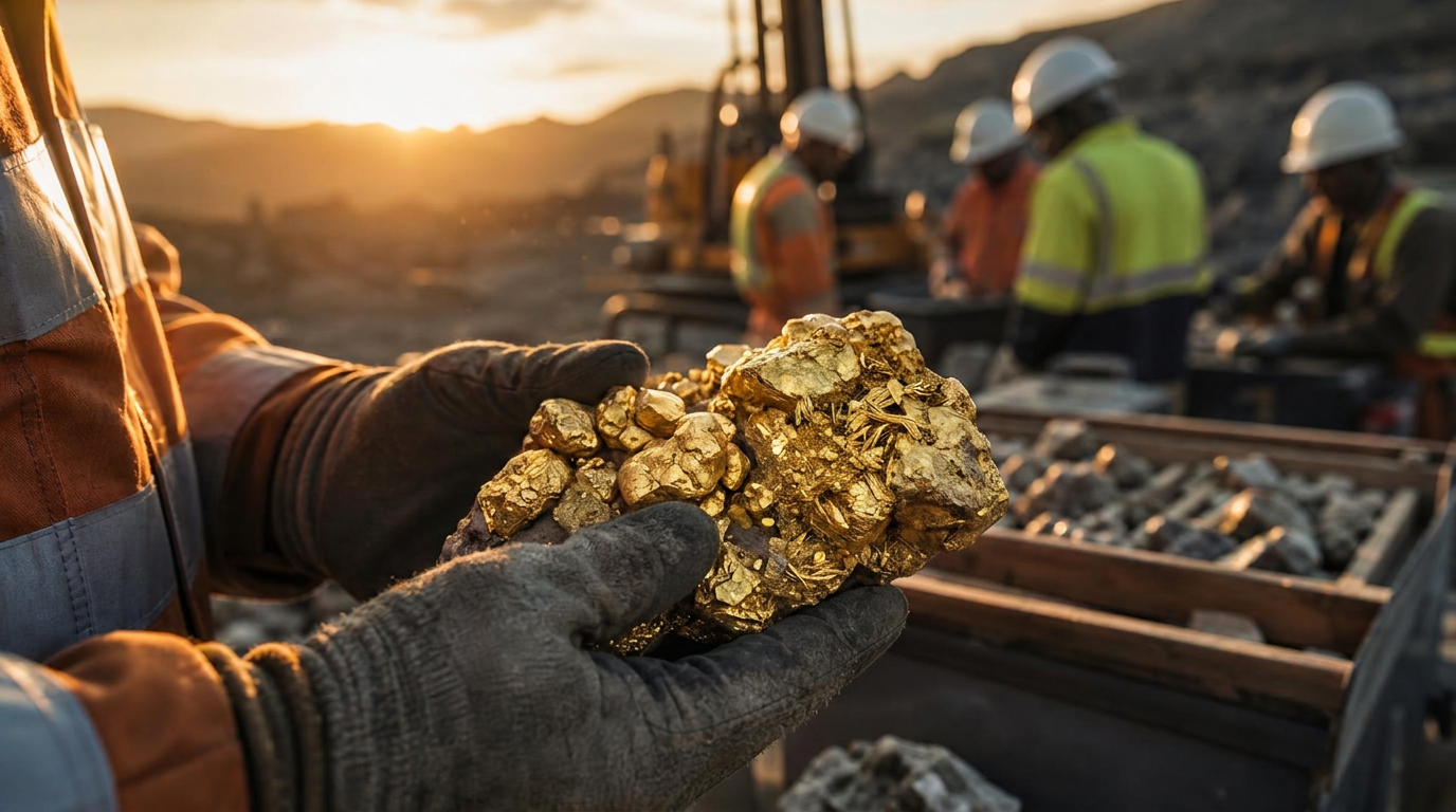 Mining professional holding large raw gold nuggets at a Nigerian exploration site